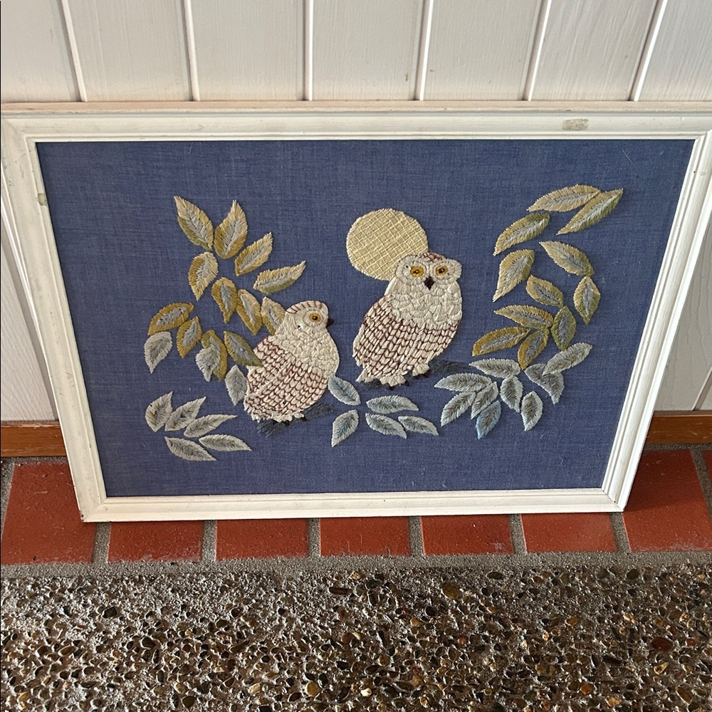 Embroidered Owl Wall Art on Blue Canvas crewel vintage